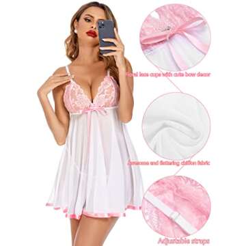 Avidlove Women White Lingerie Lace Babydoll Strap Sleepwear Sheer Chemise V neck Teddy White S