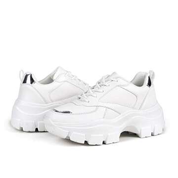 LUCKY STEP Women 90S Chunky Platform Reflective Sneakers - White Hologram Casual Lace-Up Walking Dad Sneakers(White/Silver,7 B(M) US)