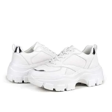 LUCKY STEP Women 90S Chunky Platform Reflective Sneakers - White Hologram Casual Lace-Up Walking Dad Sneakers(White/Silver,7 B(M) US)