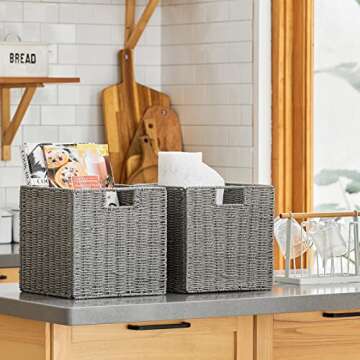 Vagusicc Wicker Storage Baskets, Set of 2 Hand-Woven Storage Baskets for Shelves with Handles, Foldable Cube Storage Baskets Bins Organizer 13 inch Large Wicker Baskets for Pantry Bedroom Decor, Grey