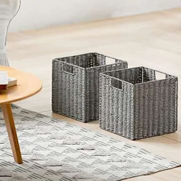 Vagusicc Wicker Storage Baskets, Set of 2 Hand-Woven Storage Baskets for Shelves with Handles, Foldable Cube Storage Baskets Bins Organizer 13 inch Large Wicker Baskets for Pantry Bedroom Decor, Grey