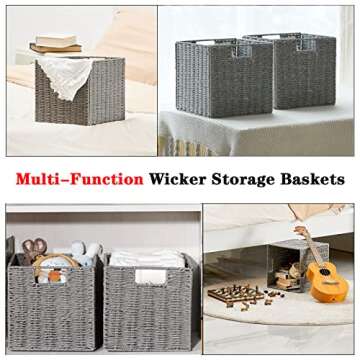 Vagusicc Wicker Storage Baskets, Set of 2 Hand-Woven Storage Baskets for Shelves with Handles, Foldable Cube Storage Baskets Bins Organizer 13 inch Large Wicker Baskets for Pantry Bedroom Decor, Grey