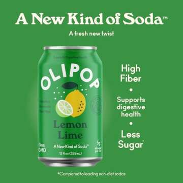 OLIPOP Prebiotic Soda Pop, Lemon Lime, Pantry Pack Packed with Prebiotics, Fiber, and Botanicals, Gl...