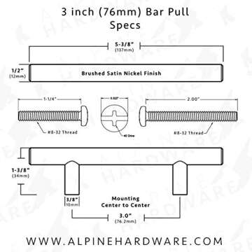 ALPINE HARDWARE PREMIUM SOLID Euro Style Bar Handle Pull-25Pack ~3 In Hole Center & 5 3/8 In Length-Heavy Stainless Steel Bar Handle Pull W/ Satin Gold/Brass Finish-AMERICAN Owned Cabinet Hardware