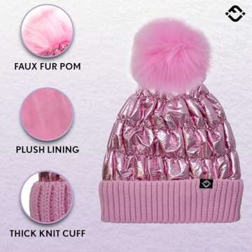 Funky Junque FJ Women's Puffer Faux Fur Pom Pom Beanie - Pink