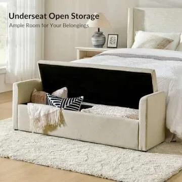 HULALA HOME Modern Storage Bench with Throw Pillows, 59.4" Extra Long Bedroom Ottoman Bench for End of Bed, Comfy Upholstered Footstool for Entryway Dining Room Living Room, Beige