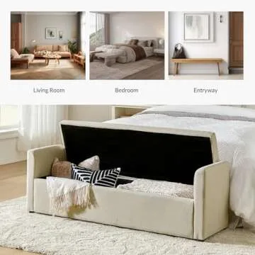HULALA HOME Modern Storage Bench with Throw Pillows, 59.4" Extra Long Bedroom Ottoman Bench for End of Bed, Comfy Upholstered Footstool for Entryway Dining Room Living Room, Beige