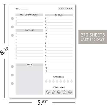 (Set of 270 Sheets) A5 To Do List Refill Paper, Undated Daily Schedule, Day Priorities, Notes and Water Tracker, 6-Hole Punches, 5.82"x8.26"