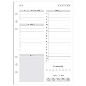 (Set of 270 Sheets) A5 To Do List Refill Paper, Undated Daily Schedule, Day Priorities, Notes and Water Tracker, 6-Hole Punches, 5.82"x8.26"