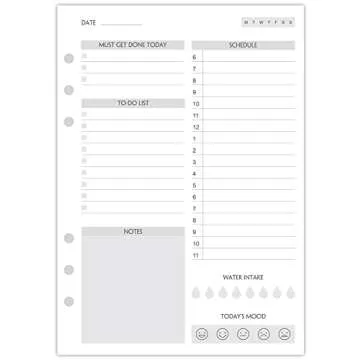 (Set of 270 Sheets) A5 To Do List Refill Paper, Undated Daily Schedule, Day Priorities, Notes and Water Tracker, 6-Hole Punches, 5.82"x8.26"
