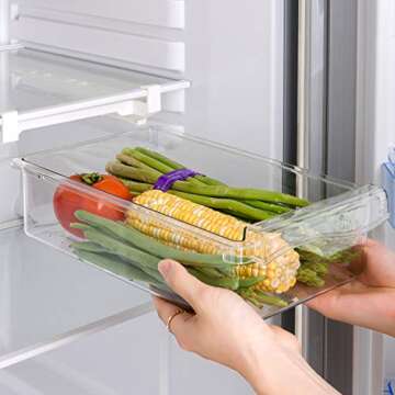 LUCKY-GO 2 Pack Fridge Drawer Organizer Bins, Pull Out Refrigerator Organizer, Fridge Shelf Holder Storage Box, Fridge Food Storage Container with Handle, Fit For Fridge Shelf Under 0.6 Inch