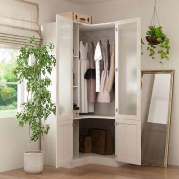 Homsee Warm Grey L-Shape Armoire Wardrobe Closet with Frosted Glass Doors, Hanging Bar & Shelves, Wooden Closet Storage Cabinet for Bedroom (35.4”L x 35.4”W x 70.9”H)