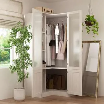 Homsee Warm Grey L-Shape Armoire Wardrobe Closet with Frosted Glass Doors, Hanging Bar & Shelves, Wooden Closet Storage Cabinet for Bedroom (35.4”L x 35.4”W x 70.9”H)