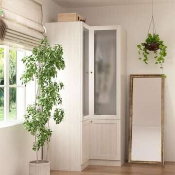 Homsee Warm Grey L-Shape Armoire Wardrobe Closet with Frosted Glass Doors, Hanging Bar & Shelves, Wooden Closet Storage Cabinet for Bedroom (35.4”L x 35.4”W x 70.9”H)