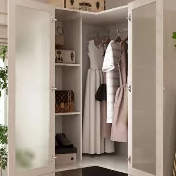 Homsee Warm Grey L-Shape Armoire Wardrobe Closet with Frosted Glass Doors, Hanging Bar & Shelves, Wooden Closet Storage Cabinet for Bedroom (35.4”L x 35.4”W x 70.9”H)