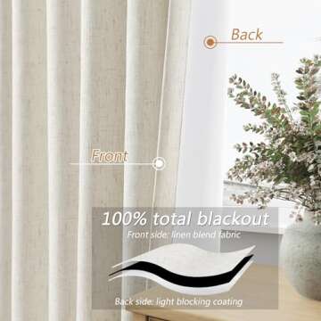 Cream Linen Blackout Curtains 96 Inch Length 2 Panels Set for Living Room Bedroom Back Tab Thermal Insulated 100% Black Out Linen Drapes Room Darkening Window Curtains 96 Inches Long Ivory Natural