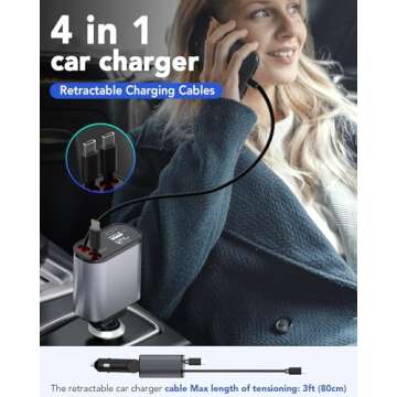Retractable Car Charger, 4 in 1 Fast Car Phone Charger 66W, 2 Retractable Cables and USB Car Charger...