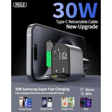 Retractable Car Charger, 4 in 1 Fast Car Phone Charger 66W, 2 Retractable Cables and USB Car Charger, Compatible with iPhone 16/15/14/13/12/11,Galaxy,Pixel