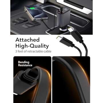 Retractable Car Charger, 4 in 1 Fast Car Phone Charger 66W, 2 Retractable Cables and USB Car Charger, Compatible with iPhone 16/15/14/13/12/11,Galaxy,Pixel