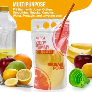 Reusable Drink Pouches - 100 Clear Drink Bags with 100 Straws - Double Zipper Reusable Smoothie Pouches Juice, Clear Zipper Pouch Storage Bags, Leak-Free and BPA Free