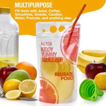 Reusable Drink Pouches - 100 Clear Drink Bags with 100 Straws - Double Zipper Reusable Smoothie Pouches Juice, Clear Zipper Pouch Storage Bags, Leak-Free and BPA Free