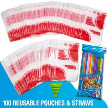 Reusable Drink Pouches - 100 Clear Drink Bags with 100 Straws - Double Zipper Reusable Smoothie Pouches Juice, Clear Zipper Pouch Storage Bags, Leak-Free and BPA Free