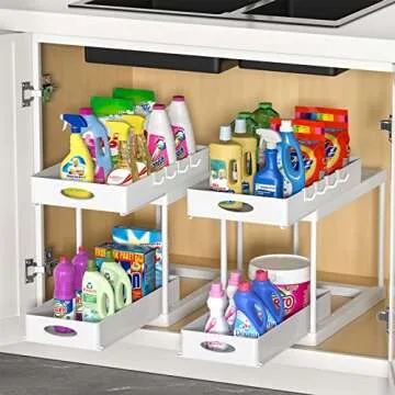 Aojia Under Sink Organizer with 2 Sliding Drawers, Bathroom Organizer Under Cabinet, Pull-out Under Sink Storage，Under Cabinet Storage for Kitchen and Bathroom