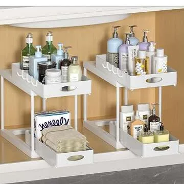 Aojia Under Sink Organizer with 2 Sliding Drawers, Bathroom Organizer Under Cabinet, Pull-out Under Sink Storage，Under Cabinet Storage for Kitchen and Bathroom