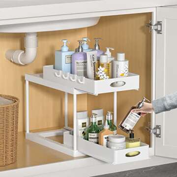 Aojia Under Sink Organizer with 2 Sliding Drawers, Bathroom Organizer Under Cabinet, Pull-out Under Sink Storage，Under Cabinet Storage for Kitchen and Bathroom