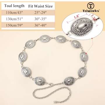 TRIWORKS Western Metal Concho Belt for Women Western Cowgirl Chain Belts for Dresses Jeans Country Concert Outfit Belt