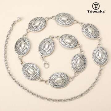 TRIWORKS Western Metal Concho Belt for Women Western Cowgirl Chain Belts for Dresses Jeans Country Concert Outfit Belt
