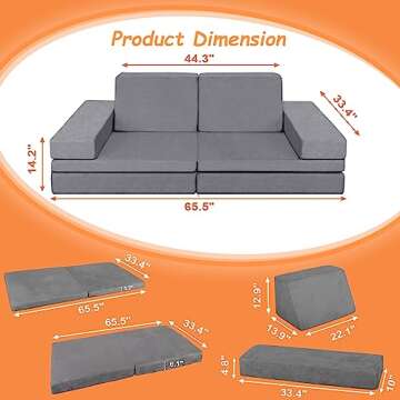 Polar Aurora Kids Couch Sofa 6-Piece Fold Out Couch Play Set for Imaginative Kids,Modular Foam Play Couch,Toddler to Teen Bedroom Furniture,Girls and Boys Playroom Sofa L (Gray 65.5'')