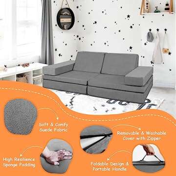 Polar Aurora Kids Couch Sofa 6-Piece Fold Out Couch Play Set for Imaginative Kids,Modular Foam Play Couch,Toddler to Teen Bedroom Furniture,Girls and Boys Playroom Sofa L (Gray 65.5'')
