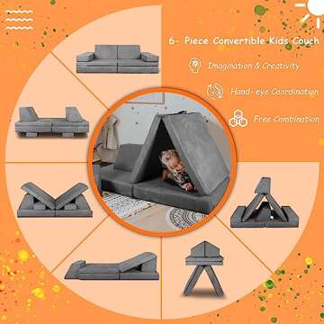 Polar Aurora Kids Couch Sofa 6-Piece Fold Out Couch Play Set for Imaginative Kids,Modular Foam Play Couch,Toddler to Teen Bedroom Furniture,Girls and Boys Playroom Sofa L (Gray 65.5'')