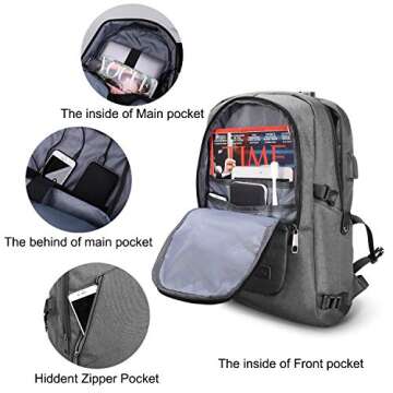 Computer Backpacks for Laptops, Anti Theft Backpack for Men, Travel Backpacks with USB Charging Hole and Headphone Port, Gray