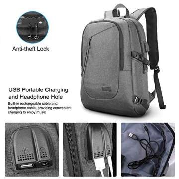 Computer Backpacks for Laptops, Anti Theft Backpack for Men, Travel Backpacks with USB Charging Hole and Headphone Port, Gray