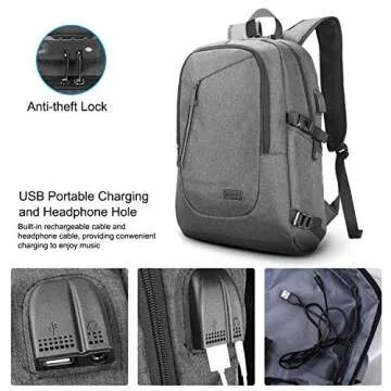 Computer Backpacks for Laptops, Anti Theft Backpack for Men, Travel Backpacks with USB Charging Hole and Headphone Port, Gray