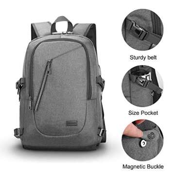 Computer Backpacks for Laptops, Anti Theft Backpack for Men, Travel Backpacks with USB Charging Hole and Headphone Port, Gray