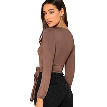 SheIn Women's Casual V Neck Long Sleeve Tee T-Shirt Tie Front Wrap Crop Top Medium Brown
