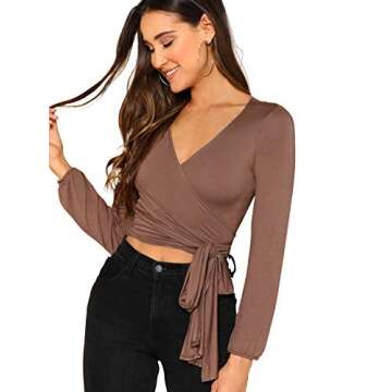 SheIn Women's Casual V Neck Long Sleeve Tee T-Shirt Tie Front Wrap Crop Top Medium Brown