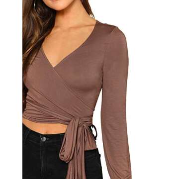 SheIn Women's Casual V Neck Long Sleeve Tee T-Shirt Tie Front Wrap Crop Top Medium Brown