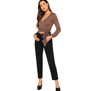 SheIn Women's Casual V Neck Long Sleeve Tee T-Shirt Tie Front Wrap Crop Top Medium Brown