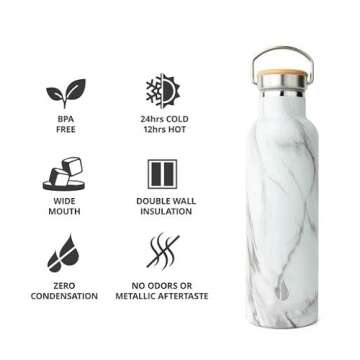 Elemental Classic Stainless Steel Water Bottle - 25oz Leak Proof Double Wall Insulated Water Bottle for Travel, Gym, Sports and Hydration - Thermos Water Bottles with Bamboo Lid - White Marble