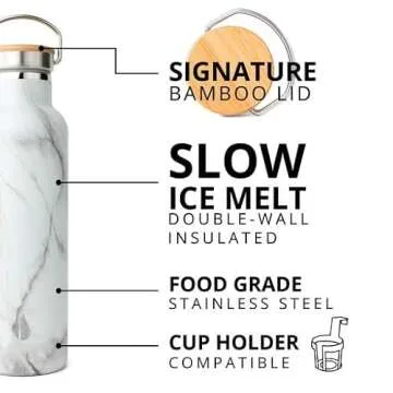 Elemental Classic Stainless Steel Water Bottle - 25oz Leak Proof Double Wall Insulated Water Bottle for Travel, Gym, Sports and Hydration - Thermos Water Bottles with Bamboo Lid - White Marble