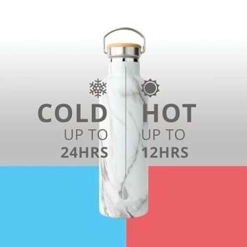 Elemental Classic Stainless Steel Water Bottle - 25oz Leak Proof Double Wall Insulated Water Bottle for Travel, Gym, Sports and Hydration - Thermos Water Bottles with Bamboo Lid - White Marble