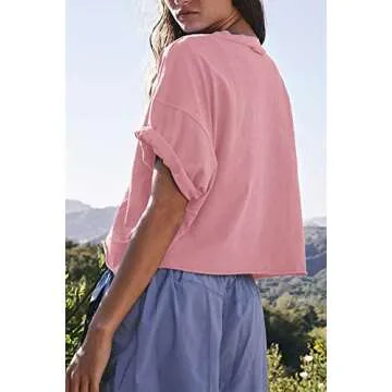 Oversized Baggy Cropped Tops Cute Half Sleeve Drop Shoulder T-Shirts Roll Hem Basic Workout Loose Yoga Tee Shirts Pink S