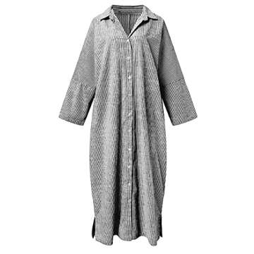 utcoco Womens Striped Long Sleeve Dress Casual Loose Button Down Cotton Maxi Shirt Dress