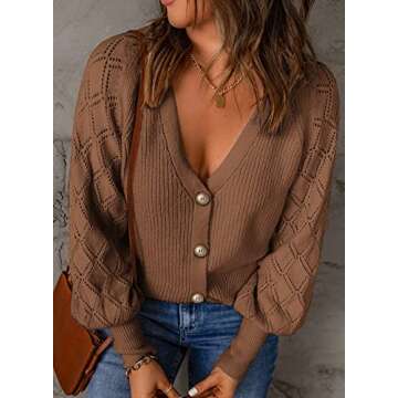 Astylish Ladies Cute Lantern Sleeve Button Down Knit Cardigan Sweaters for Women Khaki Medium