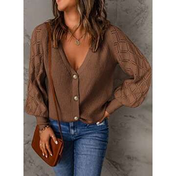 Astylish Ladies Cute Lantern Sleeve Button Down Knit Cardigan Sweaters for Women Khaki Medium
