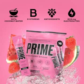 PRIME HYDRATION+ Sticks Strawberry Watermelon | Hydration Powder Single Serve Sticks | Electrolyte Powder On The Go | Low Sugar | Caffeine-Free | Vegan | 48 Sticks